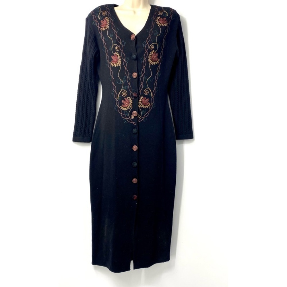 Vintage Carol Little boho embroidered wool midi sweater dress S